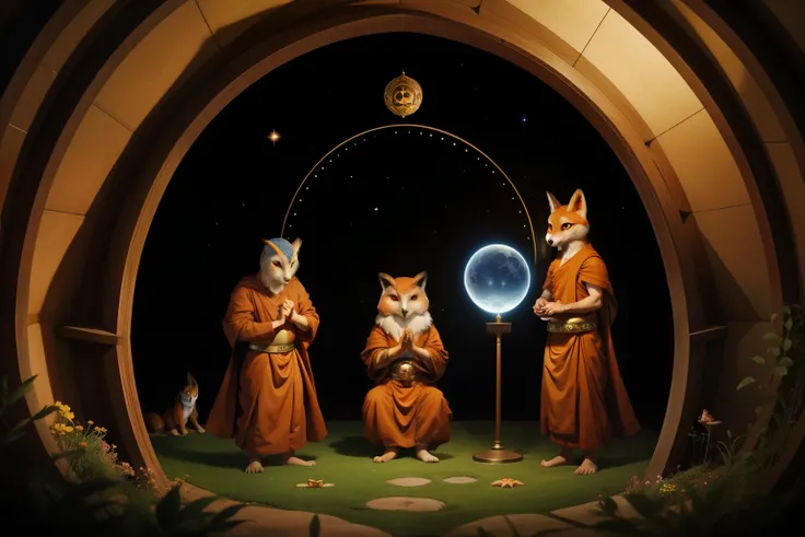 Fairytale Kingdom of Fantasia. In an astronomy observatory dome, ((three wise monks with animal heads)), eage, owl and fox.