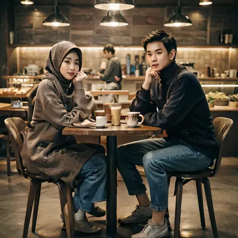 hyper realist seorang wanita indonesia usia 25 tahun wajah tirus ,memakai hijab ,dan sweater putih oversize , sedang duduk di sebuah cafee dengan seorang pria korea sepintas mirip soo hyun,memakai kaos turtle neck hitam dan celana jeans biru ,didepan ada m...