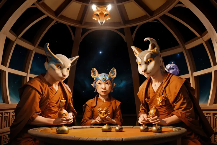 Fairytale Kingdom of Fantasia. In an astronomy observatory dome, ((((three wise monks with animal heads)))), eage, owl and fox.