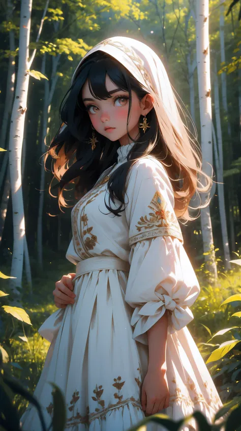 a very beautiful Slavic Ukrainian girl in a traditional white dress with embroidery with long wavy black hair and brown eyes, village, early morning, forest with birch trees