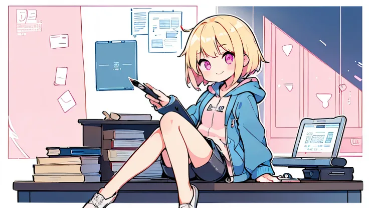 (blonde girl with short cut),(((sitting at a desk typing on a computer keyboard))),(((There are documents and pens on the desk.))),(((have a tablet))),(((blue zip hoodie))),(((Pink inner))),(black hot pants),pink eyes,open your mouth, A sloppy smile, Full ...