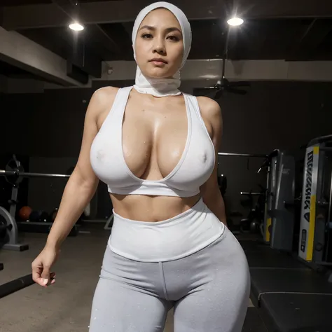 50 years Old, Hijab Indonesian mature woman, ((Large Tits)) ((Tank Top)), ((Tight Legging)), ((Sweaty Body)), ((White Skin Body)), Curvy Body, Breast about To burst out from her clothes, at Gym, Dark light, at Nighttime.