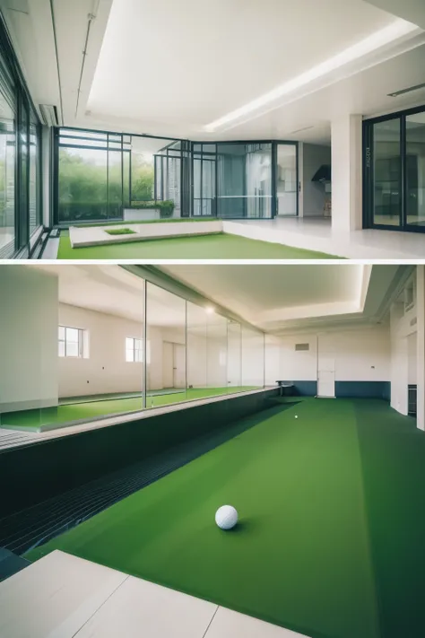 A stunning and lavish indoor golf arena, boasting a sleek and sophisticated design, awaits within these prompt words. The room exudes a sense of simplicity and elegance, with its clean lines and minimalist aesthetic. The golf lawn, carefully cultivated wit...