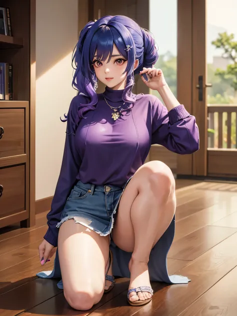 anime girl with purple hair sitting on a wooden floor, seductive anime girl, cute anime girl, beautiful anime girl, attractive anime girl, anime girl, guweiz, pretty anime girl, anime girls, beautiful anime girl squatting, an anime girl, beautiful alluring...