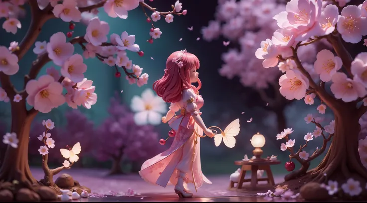 Magic garden miniature scene, delicate cherry blossoms、Softly glowing cherry tree、Illuminated by happy smiling miniatures. 8K Autorealist,Cherry tree in full bloom、girl cherry blossom fairy、、3 heads and bodies、back view