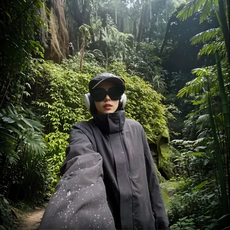 in the jungle, in a bamboo forest, in the jungle, in front of forest background,User photo, covered in plants, 