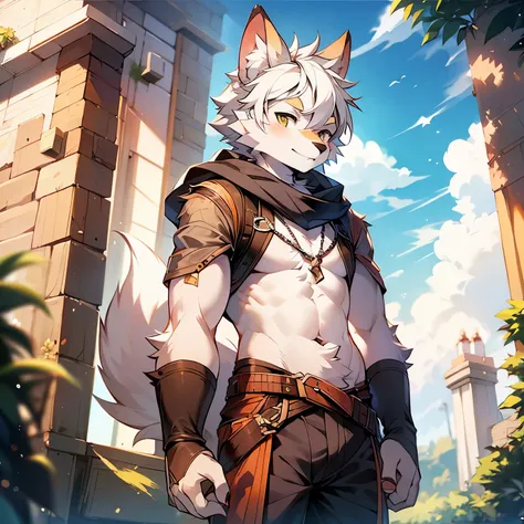 furry,furry wolf,white hair,male，young,little cute,by milkytiger1145,bule eyes,wolf tail,gran detalle,light brown fur,standing，solo sunshine,sky,beautiful scene ,summer,peaceful,shorter pants,(Dark environment 0.8),（Wide angle lens 1.5）,masterpiece,high qu...