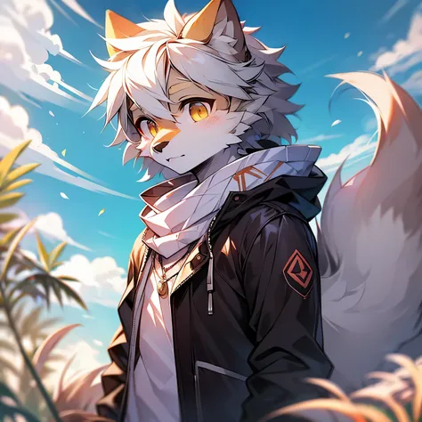 furry,furry wolf,white hair,male，young,little cute,by milkytiger1145,golden eyes,wolf tail,gran detalle,light brown fur,standing，solo sunshine,sky,beautiful scene ,summer,peaceful,shorter pants,(Dark environment 0.8),（Wide angle lens 1.5）,masterpiece,high ...