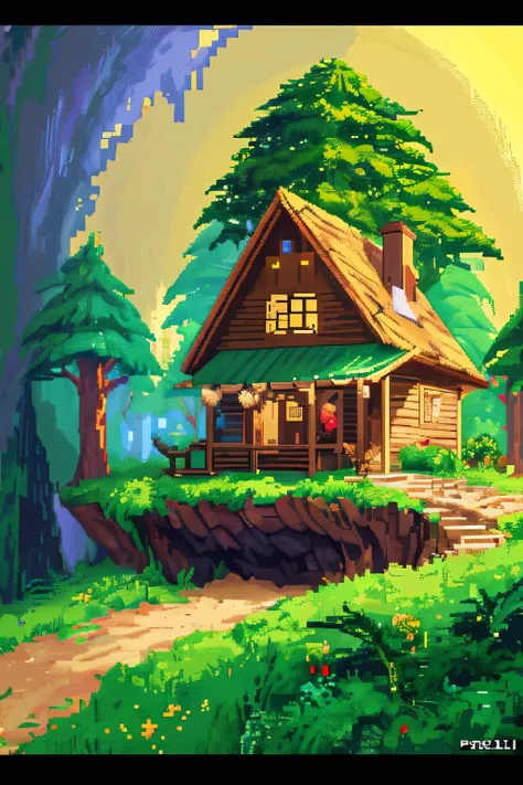 Pixel art of pine forest with a house, beautiful detailed pixel art, detailed pixel art, Lofidel retro video game, concept pixelart, detailed pixel artwork, Pixel art style, pixel town, pixel art animation, high quality pixel art, super detailed color lowp...