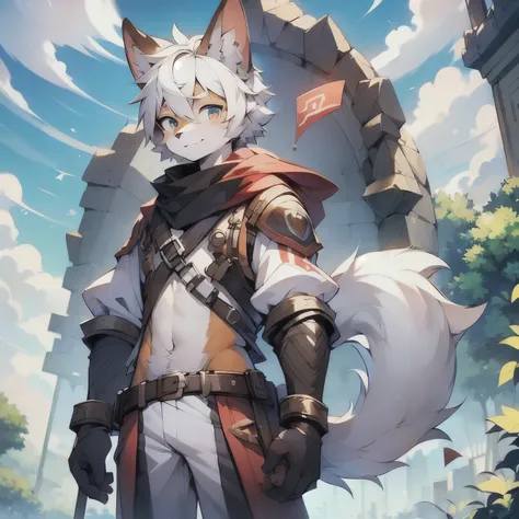 furry,furry wolf,white hair,male，young,little cute,by milkytiger1145,bule eyes,wolf tail,gran detalle,light brown fur,standing，solo sunshine,sky,beautiful scene ,summer,peaceful,shorter pants,(Dark environment 0.8),（Wide angle lens 1.5）,masterpiece,high qu...