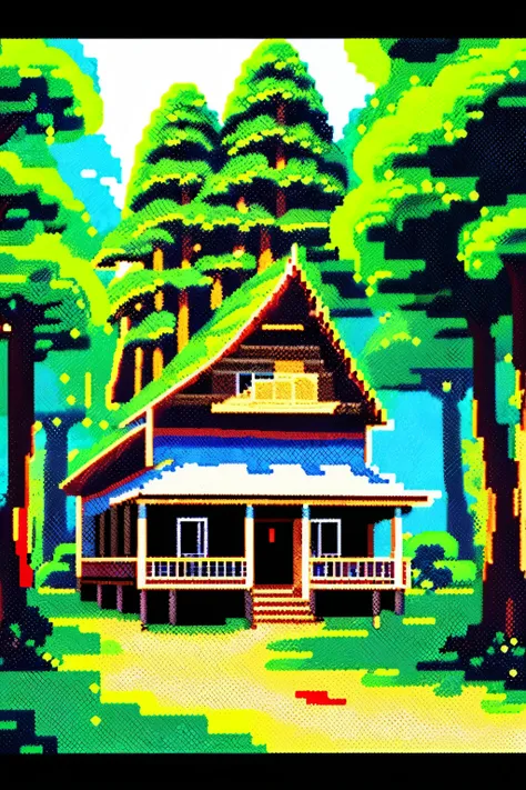 Pixel art of pine forest with a house, beautiful detailed pixel art, detailed pixel art, Lofidel retro video game, concept pixelart, detailed pixel artwork, Pixel art style, pixel town, pixel art animation, high quality pixel art, super detailed color lowp...