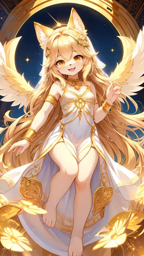 best quality,best resolution,(fluffy anthro furry :1.3),cat girl,gold long hair,wavy hair,hair spread in the air,gold eyes,sparkle eyes,gold and white fur,see through white dress,sleeveless,see through white veil,see through long white fabric over shoulder...