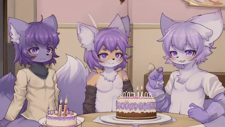 Kemono Furry purple hair, big blue tail, purple eyes, Wear long socks on your arms and legs., Young woman, Cream cake on the table, happy birthday, In the house, fox