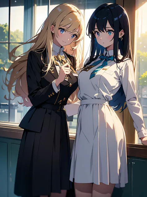 (highest quality、masterpiece、High resolution、be familiar with)、(shining eyes、be familiar withbeautiful顔)、romance student, Two female students in uniform, lesbian couple, tall and thin, beautiful, Alumni Association, classmate、beautifulアニメ