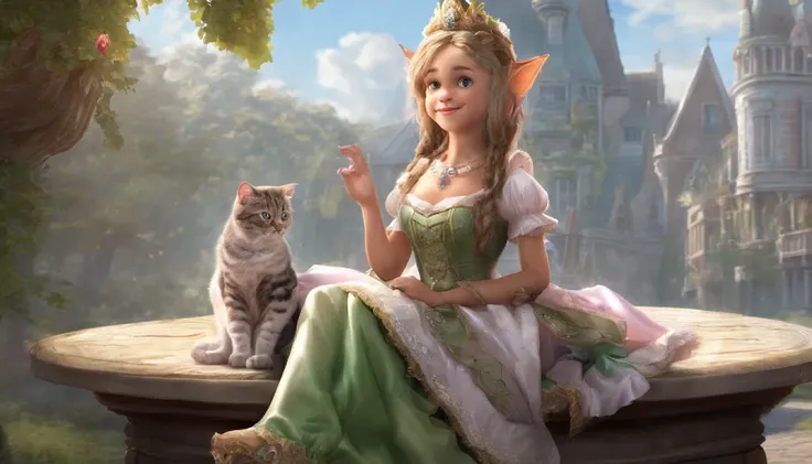 Beautiful woman, (queen of elves:1.4) sit on the throne,(cat maid clothes:1.8) , perfect face, whole body, victorian era, noble dress, intricate decoration, spelling, busy, smile, turn your arms behind your back, soft rim light, beautiful and detailed sky,...