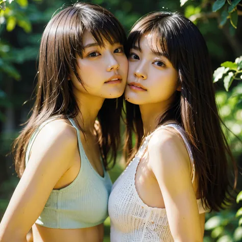 to kiss、identical twin sisters、(highest quality, High resolution, masterpiece, realistic:1.2),(HDR, Bright colors),2 girls, Japanese, not wearing anything, big , slender and slender body, beautiful face, detailed facial features, pose for a photo,outdoor, ...