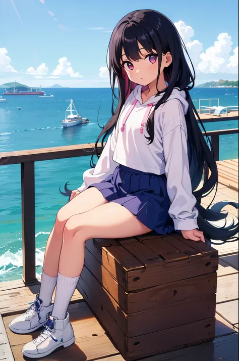 Port wharf　The background is the sea　the ship is floating　elementary school girl　8-year-old　flat chest　black hair　long hair　eyes are purple　（（1 person））　Upper body pink long sleeve hoodie　Lower body navy blue miniskirt（（white panties））　white socks　sports b...