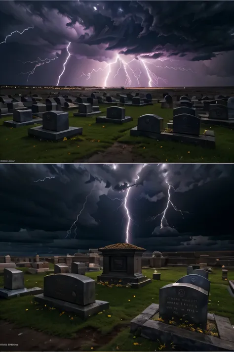 atmosfera sufocante e sombria, Camera in motion, ampliando, approaching through the tombs, noite escura, stormy sky with lightning and thunder, Horror, Camera in motion goes to zoom in on dark sky with thunder and lightning, 8k, detailed maximum, alta qual...