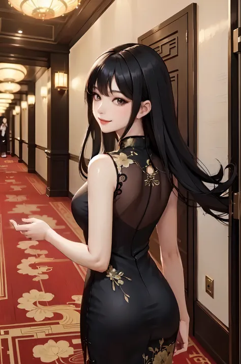 1lady solo, (looking back) (from behind), (black cheongsam), mature female, /(black hair/), kind smile, (masterpiece best quality:1.3) delicate Illustration ultra-detailed, large breasts BREAK (high-end restaurant hallway) indoors