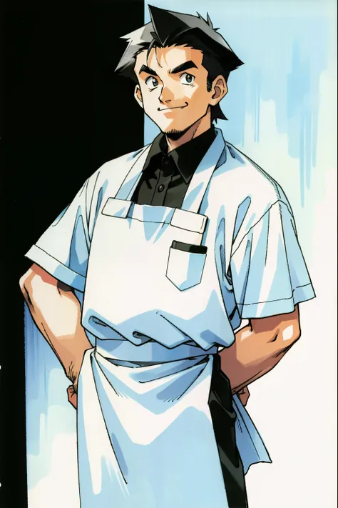 by Ken Sugimori, sugimori 1990s, ((only 1man)), Smiling, older man, greying hair, waiter ((hands behind their back)), full black pupils, manga, best quality, highly detailed, clean lines, cowboy shot, good hands, good eyes, hd, 8k, professional, symmetrica...