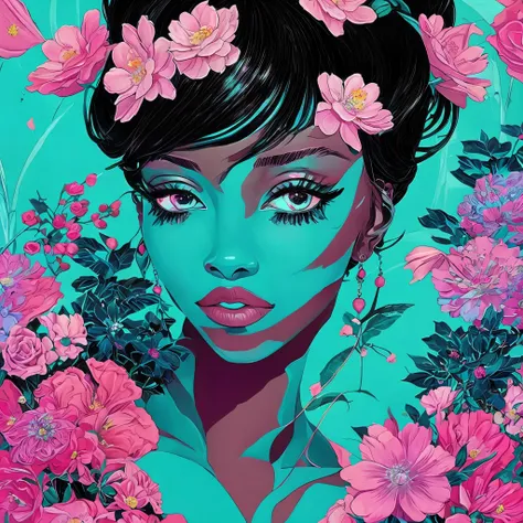 Artistic image of a dark skinned anime girl, portrait of a girl with black hair blink you will miss the details, dark two complexes, flowers, soft and vibrant, in the style of kilian eng, dark cyan and pink, childlike and glamorous lush details, blink you ...