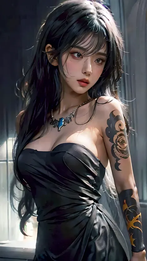 photorealistic, high resolution, soft light,1women, solo, hips up, (detailed face), jewelry, tattoo,black dress mafia clothing, black hair, super long hair, looking viewers, tatto, messy hair, close up, small breast, adult