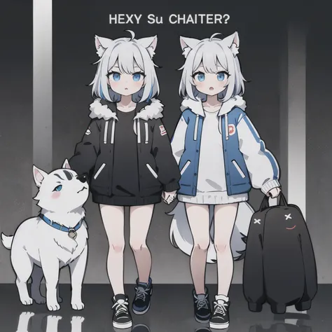 Create a girl character with features reminiscent of a Siberian Husky. She should have fluffy white hair with patches of grey or black resembling the huskys fur markings. Her eyes could be bright blue or multi-colored, reflecting the striking eyes of a hus...