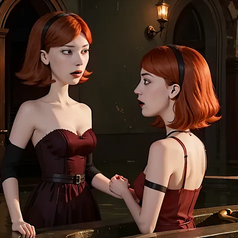 a young woman witch with dark hair stands on the baths and shakes a female vampire with short red hair