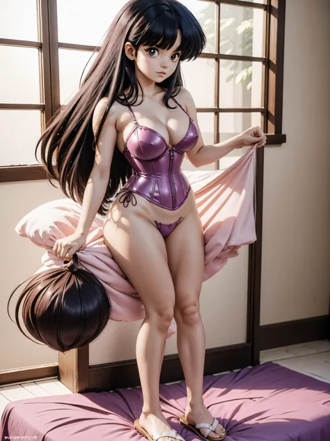 Dark-haired anime girl in pink swimsuit and corset, 16 anos, corpo bonito, seios grandes, with your hand in your panties , hand in hair, Garota sensual, purple cabelo, mechas de cabelo laterais, mechas de cabelo na lateral do rosto, beautiful lighting, som...