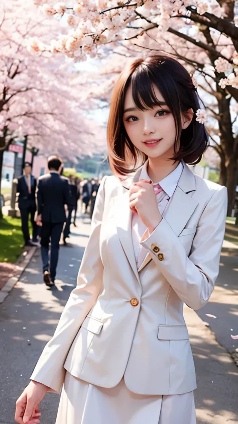 woman, formal suits in soft colors, soft colored hair、cherry blossoms吹雪、forest、cherry blossoms、smile