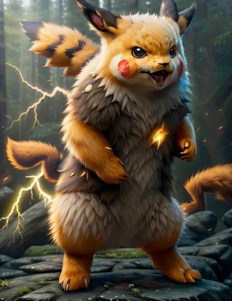 world photos&#39;the most beautiful art (fur:1.2), Pokémon, Lightning flashed across the cheek, Full body 8K unified rendering, action shots, skin pores, very dark
lighting, heavy shadow, detailed, detailed face, (Full of energy,
photo actual, actual, dram...