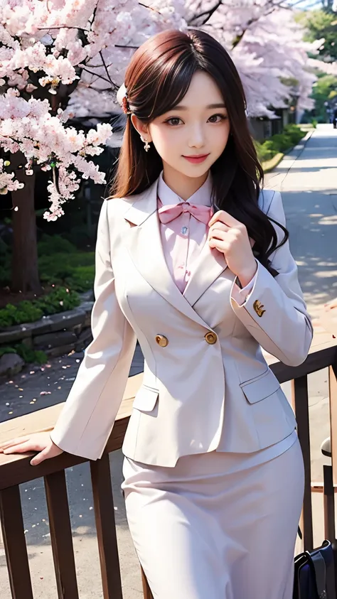 woman, formal suits in soft colors, soft colored hair、cherry blossoms吹雪、forest、cherry blossoms、smile