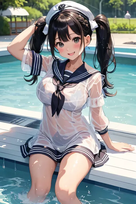 highest quality、High resolution、detailed background、Beautiful and dense face、beautiful and smooth skin、skin texture、black hair braid twintails、(huge breasts:1.3)、(realistic:1.2)、perfect body line、(3人のcute女の子:1.5)、
((see-through sailor dress:1.4))、white sai...