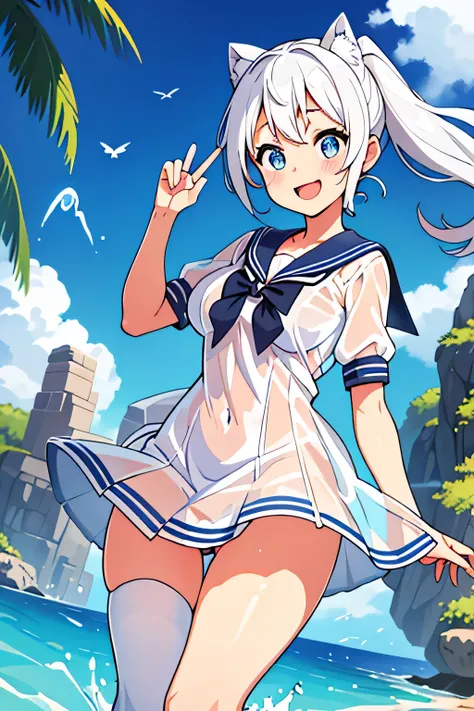 highest quality、High resolution、detailed background、Beautiful and dense face、beautiful and smooth skin、skin texture、braided twin tails、(huge breasts:1.3)、(realistic:1.2)、perfect body line、(3人のcute女の子:1.5)、
((Thin white sailor suit made of see-through mater...