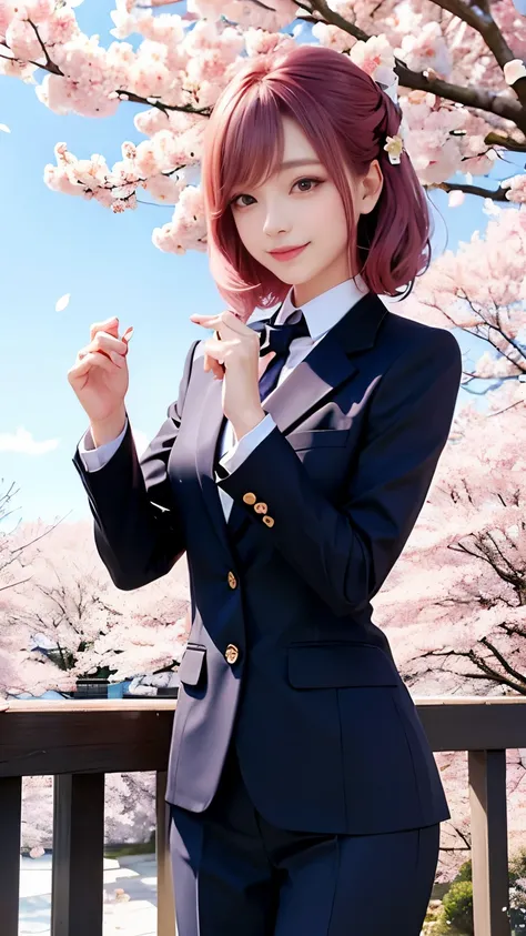 woman, formal suits in soft colors, soft colored hair、cherry blossoms吹雪、forest、cherry blossoms、smile