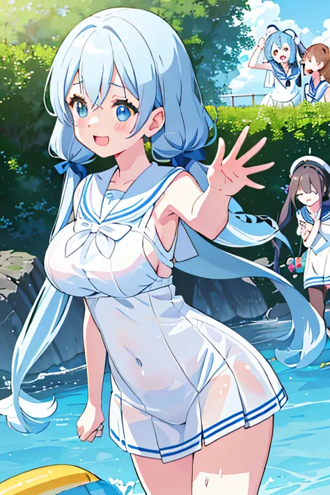 highest quality、High resolution、detailed background、Beautiful and dense face、beautiful and smooth skin、skin texture、braided twin tails、(huge breasts:1.3)、(realistic:1.2)、perfect body line、(3人のcute女の子:1.5)、
((Thin white sailor suit made of see-through mater...