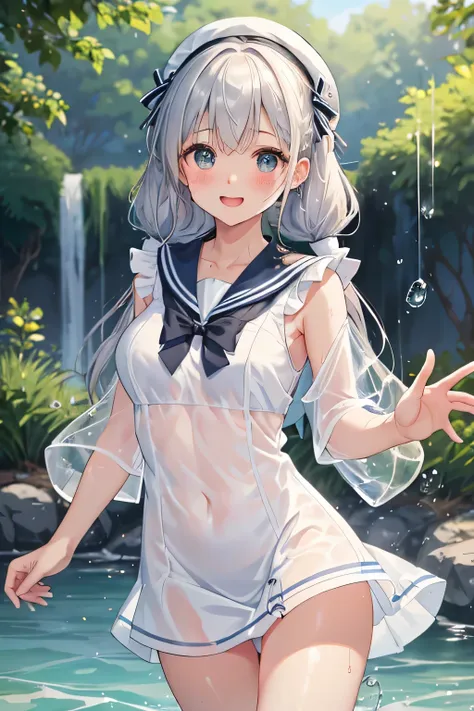 highest quality、High resolution、detailed background、Beautiful and dense face、beautiful and smooth skin、skin texture、braided twin tails、(huge breasts:1.3)、(realistic:1.2)、perfect body line、(3人のcute女の子:1.5)、
((Thin white sailor suit made of see-through mater...