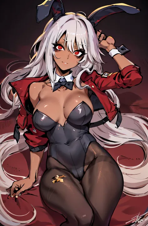 (masterpiece:1.2, best quality), 1 female, alone, bunny girl, black pantyhose， long black hair,  Red eyes, open collaboration bone, dark skin, (open chest:1.1)