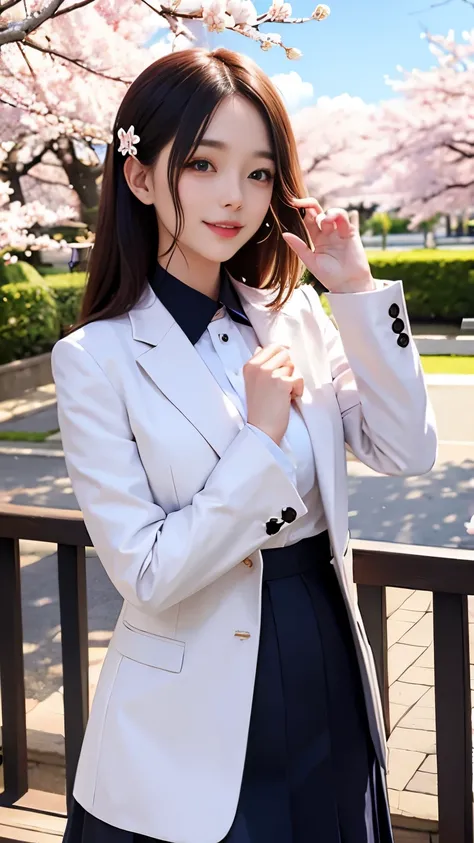 woman, formal suits in soft colors, soft colored hair、cherry blossoms吹雪、forest、cherry blossoms、smile