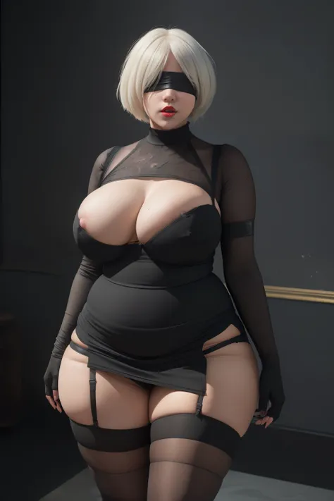 ((masterpiece)), ((photorealistic)), ((8k wallpaper)), ((best quality)), (perfect quality), solo, girl, Yorha 2b, short white hair, pose: ( shy pose, arm on waist, sexy pose), face: ( very beautiful face, perfect face, blindfold, makeup, young, round face,...