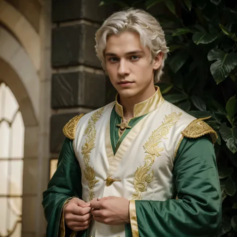 A handsome 20 years old Targaryen prince with white mid hair.He is wearing a dark green prince attire with yellow details