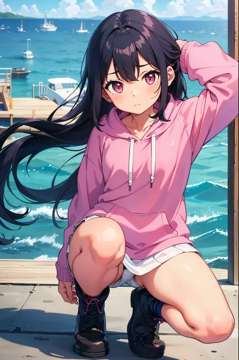 Port wharf　The background is the sea　the ship is floating　elementary school girl　8-year-old　flat chest　black hair　long hair　eyes are purple　（（1 person））　Upper body pink long sleeve hoodie　（（Lower body navy blue miniskirt））（（white panties））　white socks　spor...