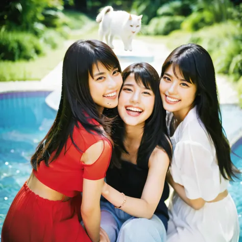 Identical twin sisters holding a cat　Beautiful woman　24-years-old　laughter　Asian　hair length