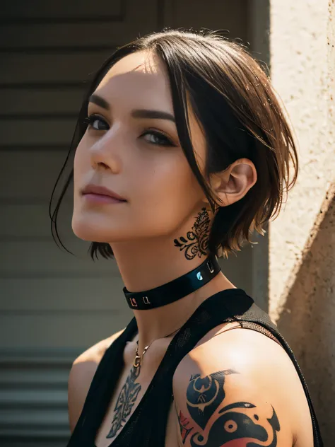 photo, rule of thirds, dramatic lighting, short hair, detailed face, detailed nose, woman wearing tank top, freckles, collar or choker, smirk, tattoo, intricate background