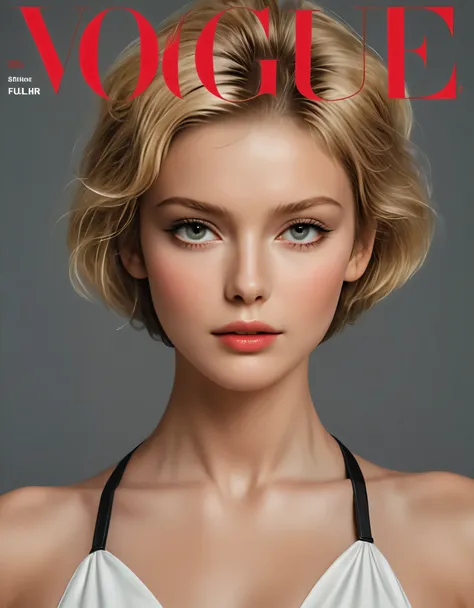 ((Fashion Cover Magazine):1.6), Generate a stunning magazine cover image featuring a Fresh Dutch Supermodel beauty, known for her very short blonde hair and captivating features. Ensure the depiction of her entire body in a dynamic pose, highlighting her a...