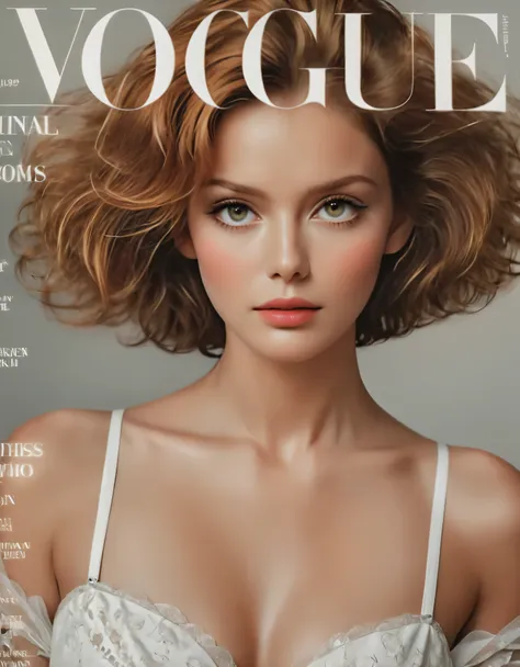 ((Fashion Cover Magazine):1.6), Generate a stunning magazine cover image featuring a Fresh French Supermodel beauty, known for her short wavey auburn hair and captivating features. Ensure the depiction of her entire body in a dynamic pose, highlighting her...