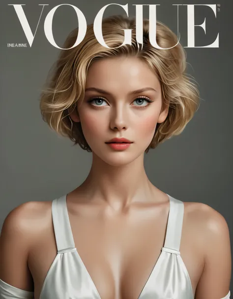 ((Fashion Cover Magazine):1.6), Generate a stunning magazine cover image featuring a Fresh Dutch Supermodel beauty, known for her very short blonde hair and captivating features. Ensure the depiction of her entire body in a dynamic pose, highlighting her a...