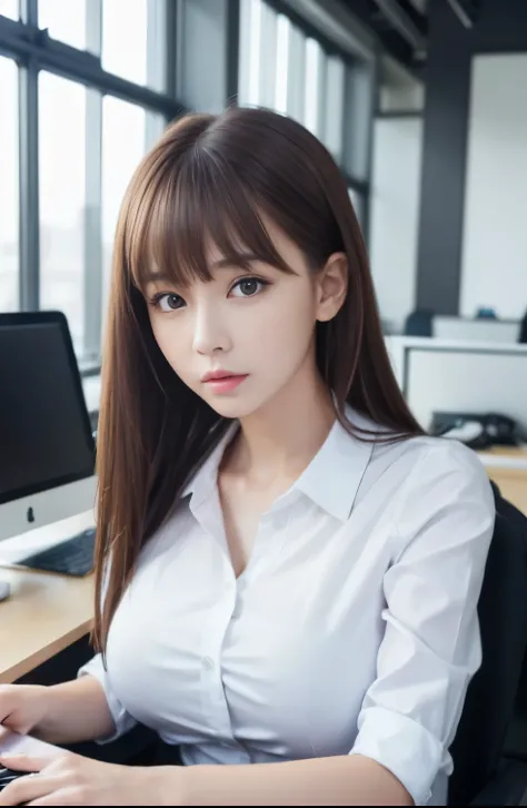 table top, highest quality, super detailed, finely, High resolution, 8k wallpaper, perfect dynamic composition, Beauty、、pat shoulders、beautiful and fine eyes,small face、neat girl、Slender、thin body、slender、white business shirt、natural color lip,office, get ...