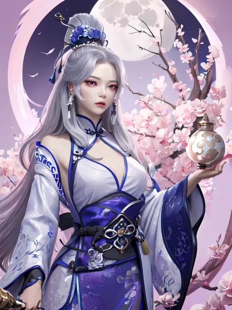 masterpiece, the best, night, full moon, 1 female, mature woman, Chinese style, China, Sister, Royal sister, cold face, Poker face, woman with long silver hair, light pink lips, calm, intellectuals, Three belts, gray pupil, assassin, dagger, Flower ball ba...