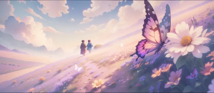 painting of a couple walking in a field with a butterfly, beautiful anime scene, anime beautiful peace scene, beautiful anime scenery, anime background art, screenshot from the anime film, colorful anime movie background, anime film still, the most beautif...